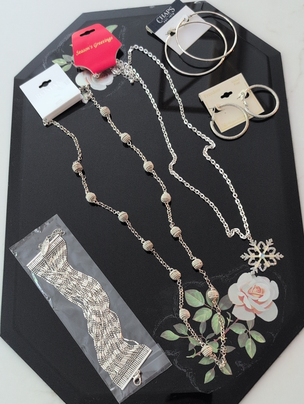 Bundle Of Silver Tone Jewelry. 2 Earrings, 2 Necklaces 1 Bracelet. NWT